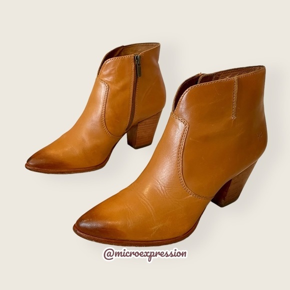$349 Frye Jennifer Genuine Leather Cognac Pointed Toe Zip Up Cute Ankle Bootie - Picture 14 of 16